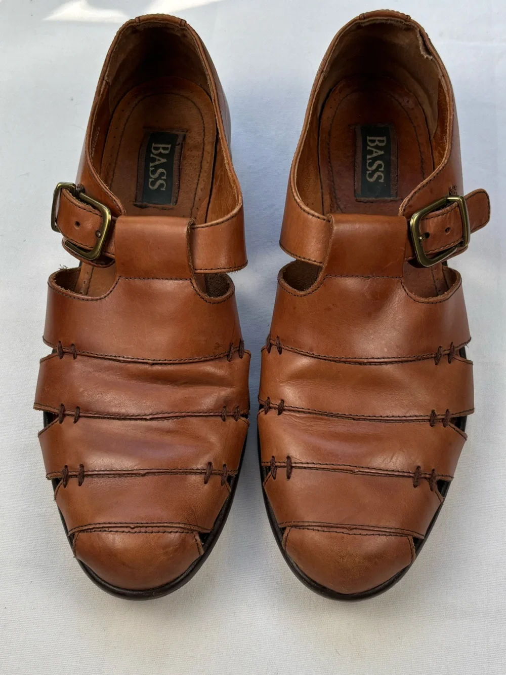 Bass Muzi Loafers British Tan Men’s Size 12 Leather Monk Strap Sandals w/Buckle